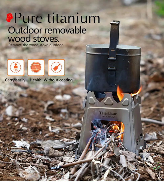 Hornillo Titanio Plegable - Ultraligero + Leña para Camping y Senderismo