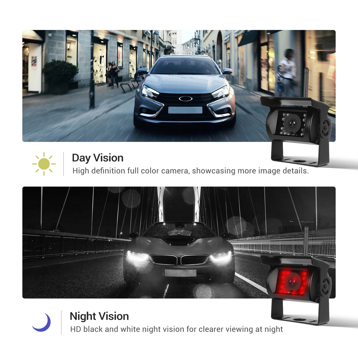 Kit Cámara de Marcha Atrás Inalámbrica 1080P con Monitor IPS HD de 7” – Sistema de Aparcamiento Nocturno para Camper, RV y Camión