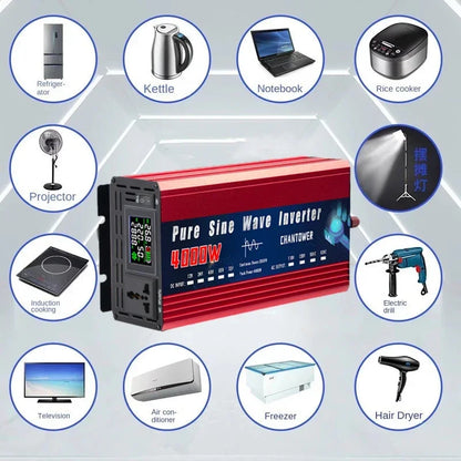 Inversor de Corriente Onda Pura 12V / 24V a 220V | 500W–2000W Continuos | Pantalla Inteligente para RV y Camper