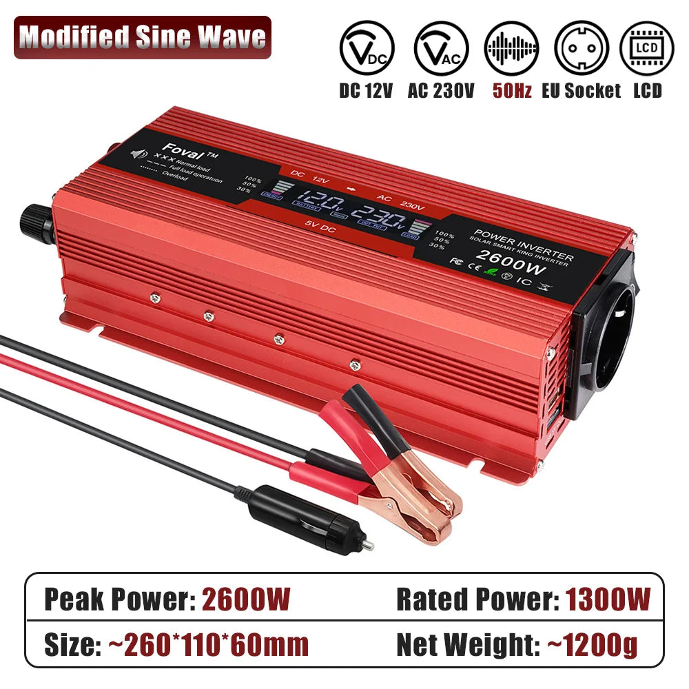Inversor de Corriente 12V a 220V Onda Modificada con Pantalla LCD | 750W–1300W Continuos para RV, Camper y Vehículos