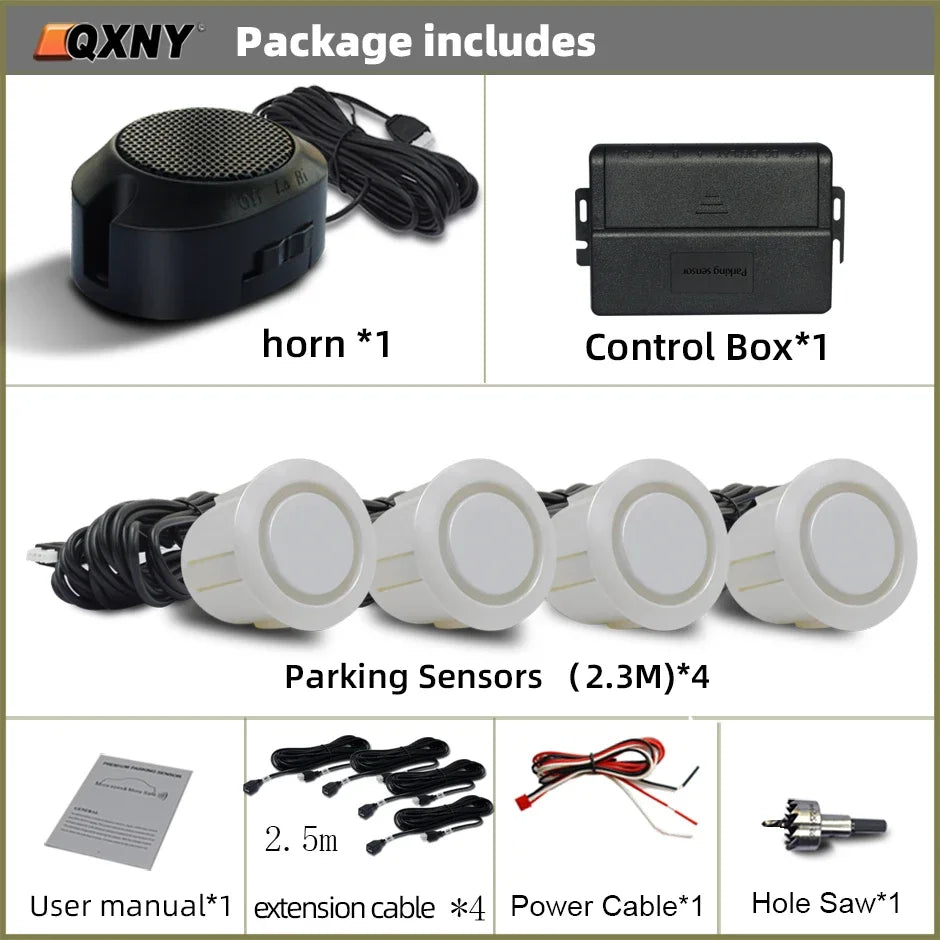 Sensor de Aparcamiento Delantero Invisible QXNY – Radar Ultrasónico con Alarma Sonora, Detección 0,3–1 m, 12V