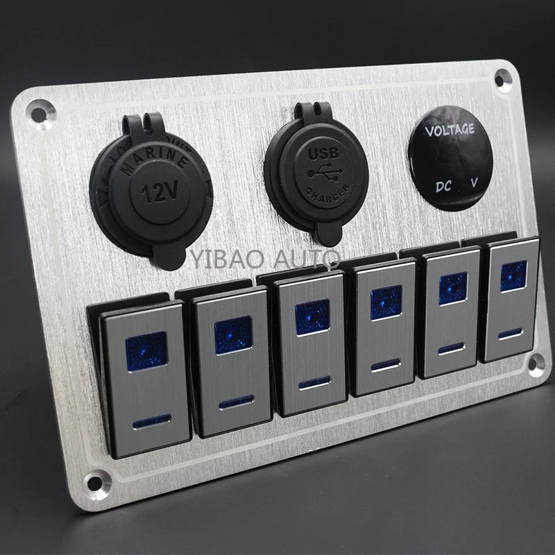Panel de Interruptores de Aluminio 12V / 24V con USB y LED Azul