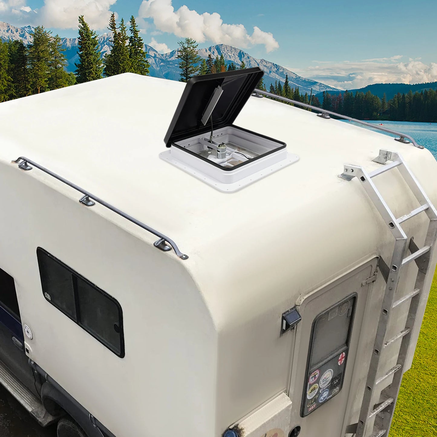Lanterneau de toit 42 x 42 cm avec ventilateur et moustiquaire – Ventilation pour camping-car (ouverture standard 14 x 14 pouces).