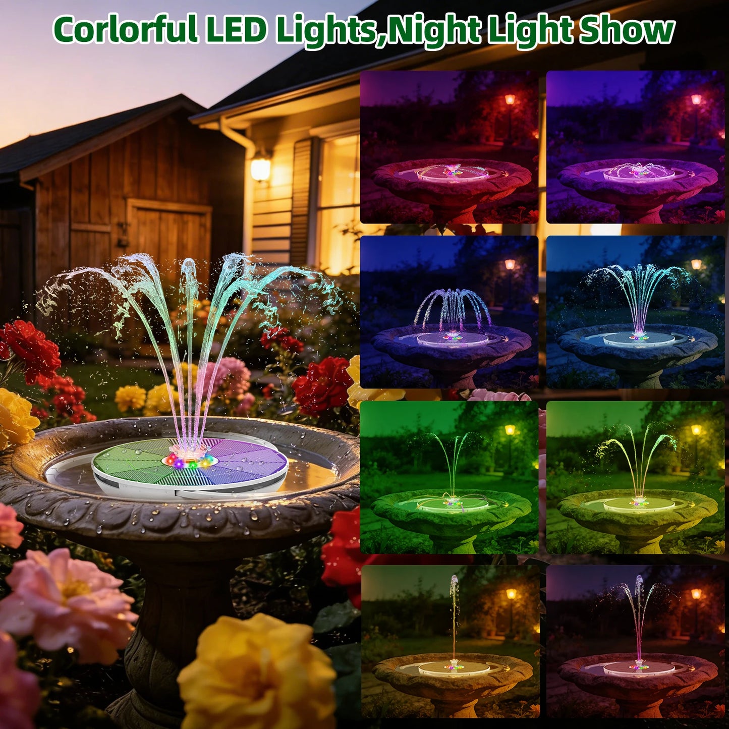Solar Fountain with LED - 6.5W Pump + 3000mAh Battery + 8 Nozzles (Garden/Pool)