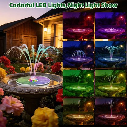 Solar Fountain with LED - 6.5W Pump + 3000mAh Battery + 8 Nozzles (Garden/Pool)