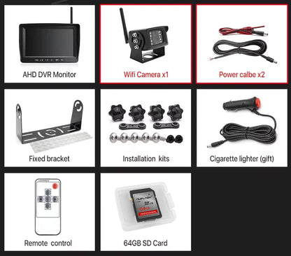 Kit Cámara de Marcha Atrás Inalámbrica AHD 720P GreenYi con Monitor IPS 7”, Grabación DVR y Detección de Ángulo Muerto