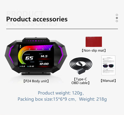 HUD Head Up Display RYSJM P24 OBD2 + GPS – Velocímetro Digital Multifunción para Coche (12.7×7.3×3.7 cm)