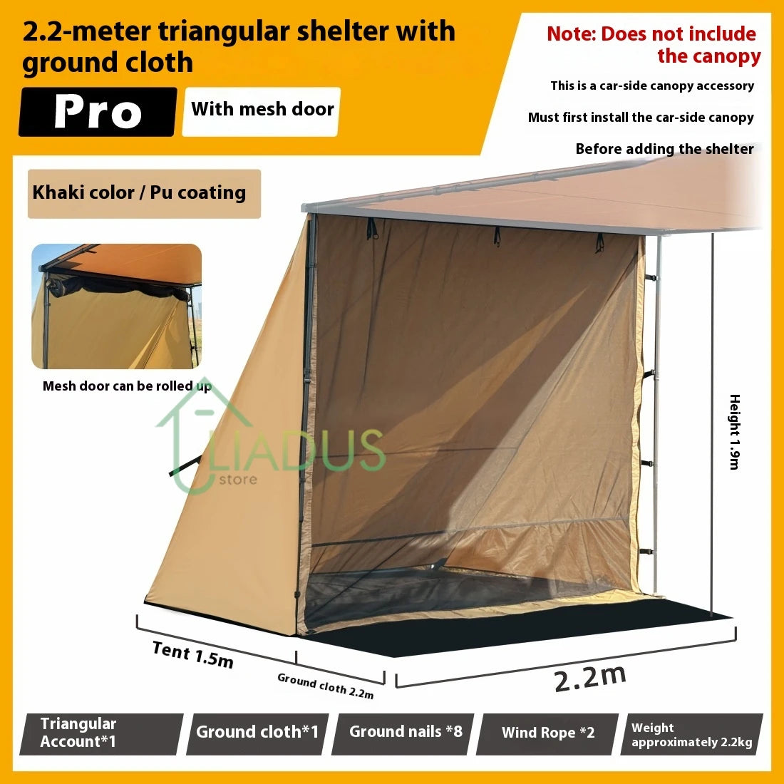 Triangular Side Car and Camper Awning - Waterproof 3000mm+ · Insect Net · UV50+ · Aluminum · 200x300cm
