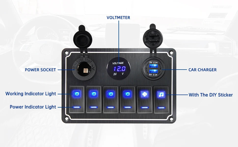 Panel de Interruptores de Aluminio 12V / 24V con USB y LED Azul