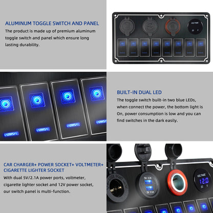 Panel de Interruptores de Aluminio 12V / 24V con USB y LED Azul