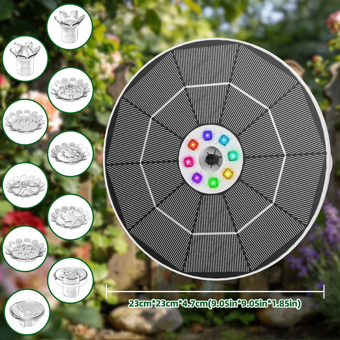 Solar Fountain with LED - 6.5W Pump + 3000mAh Battery + 8 Nozzles (Garden/Pool)