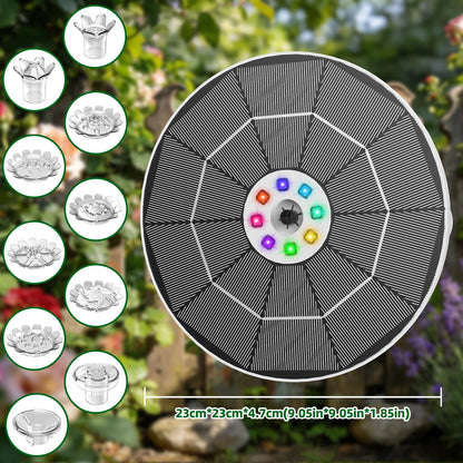 Solar Fountain with LED - 6.5W Pump + 3000mAh Battery + 8 Nozzles (Garden/Pool)