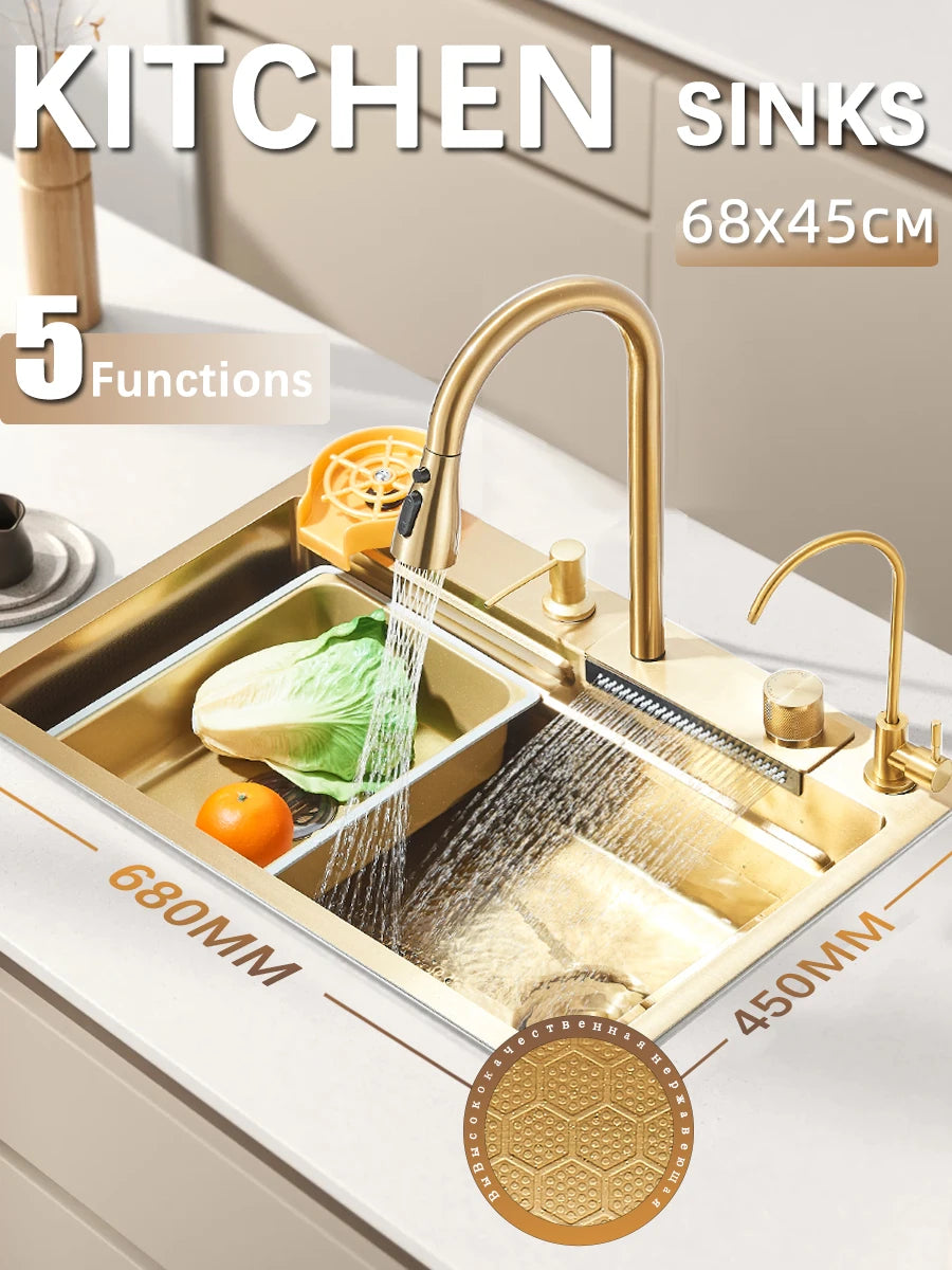 Évier de cuisine haut de gamme avec robinet cascade et accessoires intégrés 