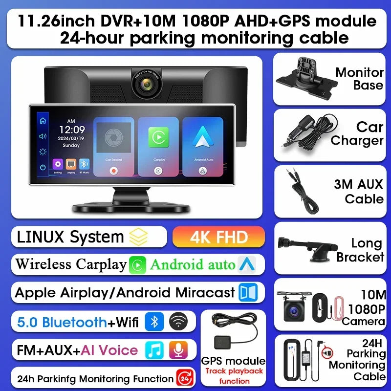 Dashcam 4K con Pantalla 11.26" + CarPlay/Android Auto - Srnubi