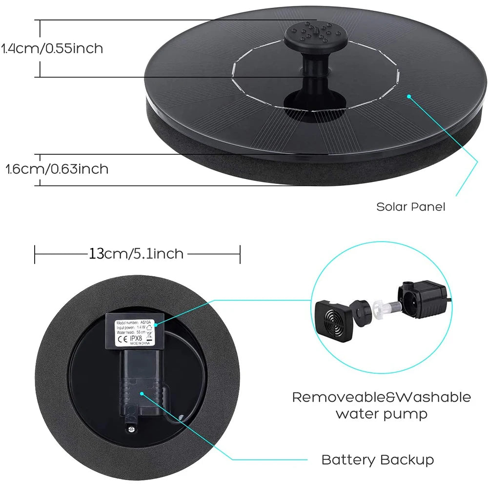 Fuente Solar Flotante - Bomba Sin Cables + 8 Boquillas + LED (Jardín/Terraza)