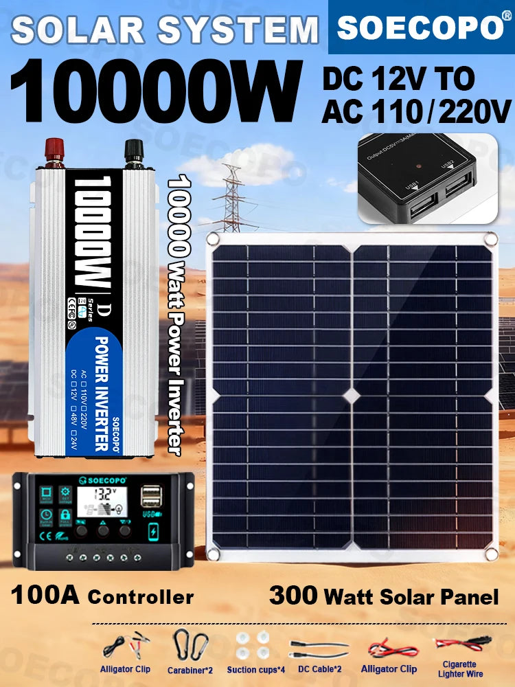 Kit Solaire Complet 10000W - Panneau 300W + Onduleur 1100W + Régulateur 100A