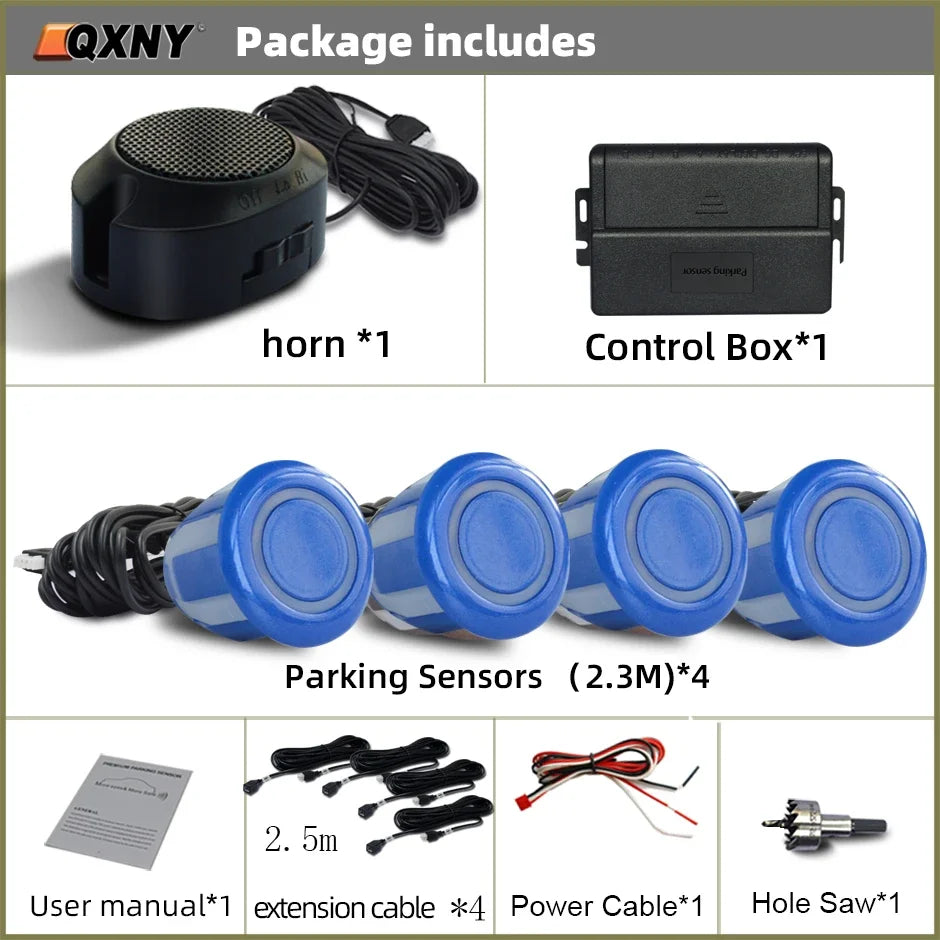 Sensor de Aparcamiento Delantero Invisible QXNY – Radar Ultrasónico con Alarma Sonora, Detección 0,3–1 m, 12V