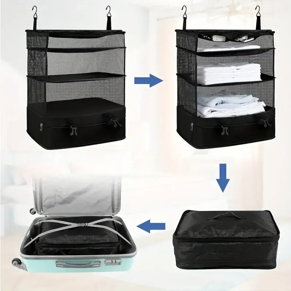 3-Layer Foldable Hanging Clothes Organizer – Ideal for Suitcases and Campers 