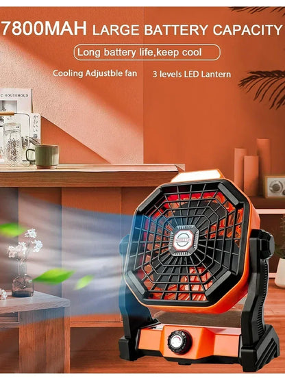 Ventilador LED Recargable para Camping | Batería 7800mAh, 3 Velocidades, Gancho Integrado