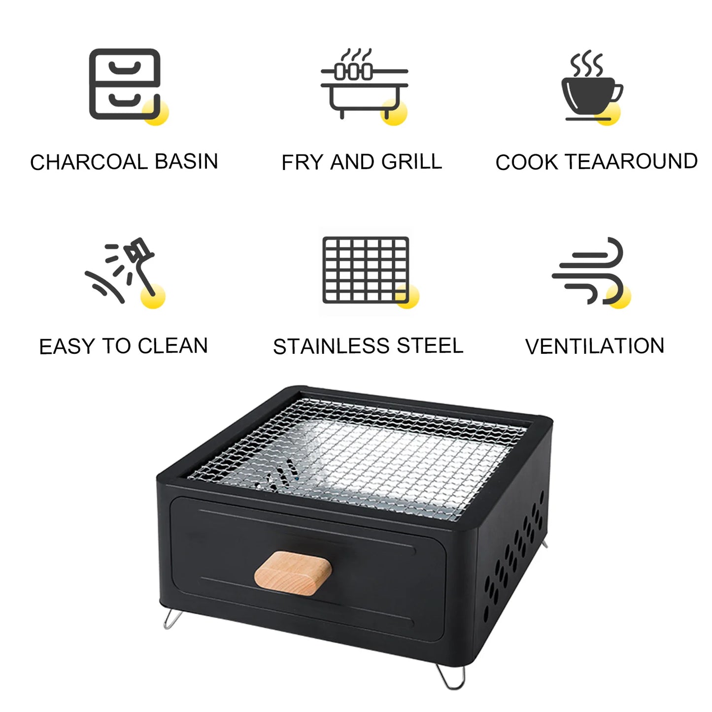 Parrilla Carbón Acero Inox Plegable - Portátil + Rejilla para Camping y Exterior