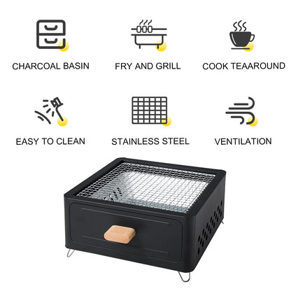 Parrilla Carbón Acero Inox Plegable - Portátil + Rejilla para Camping y Exterior