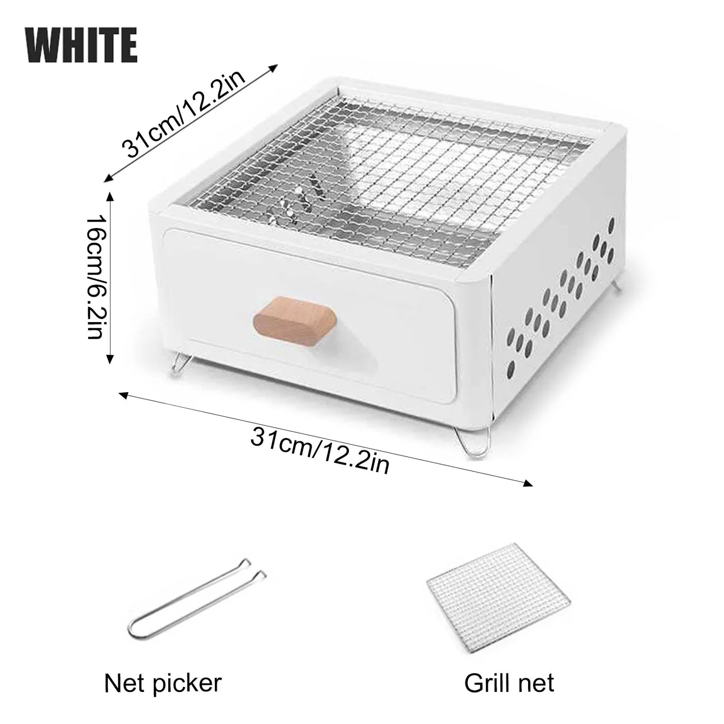 Parrilla Carbón Acero Inox Plegable - Portátil + Rejilla para Camping y Exterior