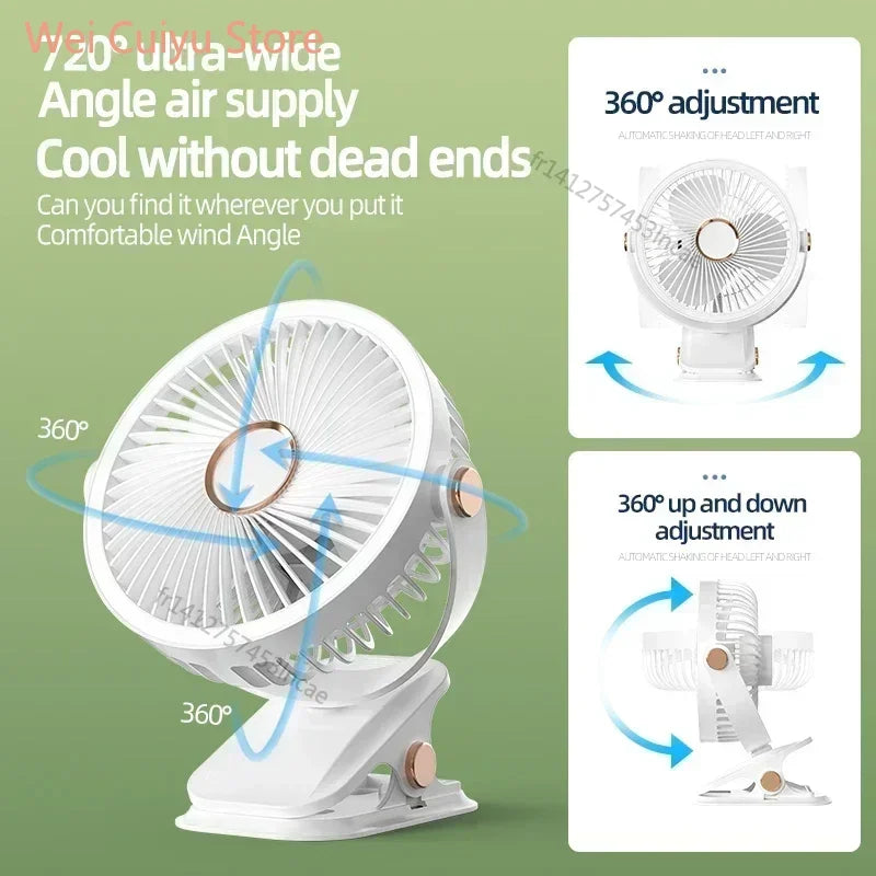 Ventilateur LED rechargeable avec pince | Conception 3-en-1 : table, plafond ou camping