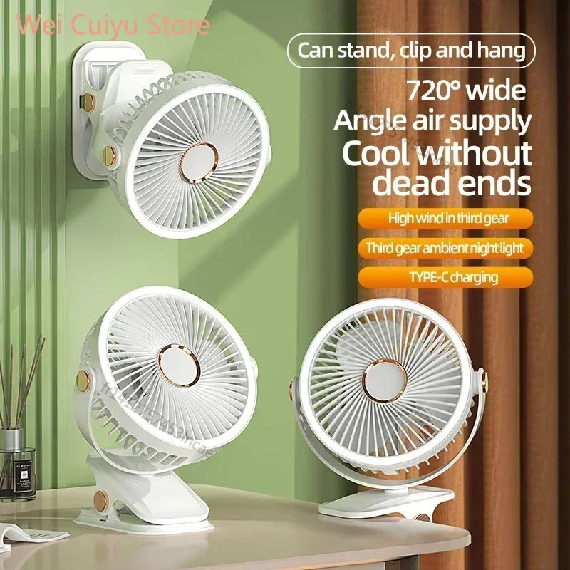 Ventilateur LED rechargeable avec pince | Conception 3-en-1 : table, plafond ou camping