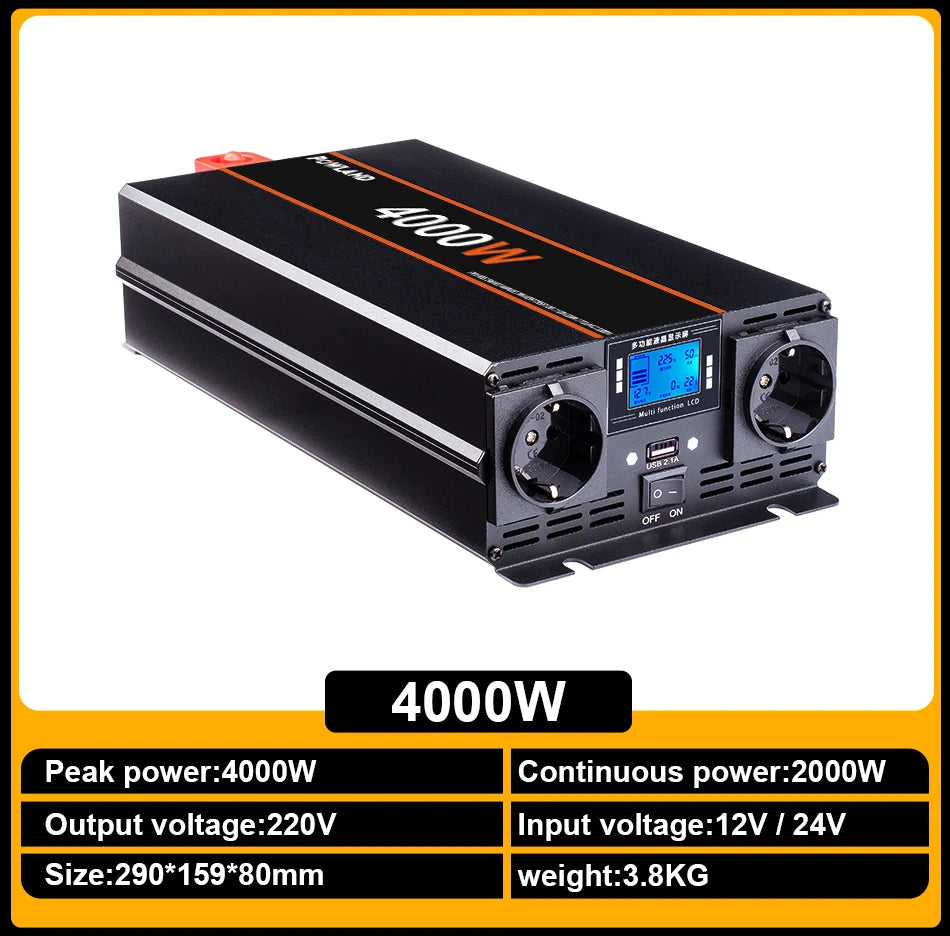 Inversor de Corriente Onda Pura 12V / 24V a 220V | 3000W – 5000W | Con Control Remoto y Pantalla LED para RV y Camper