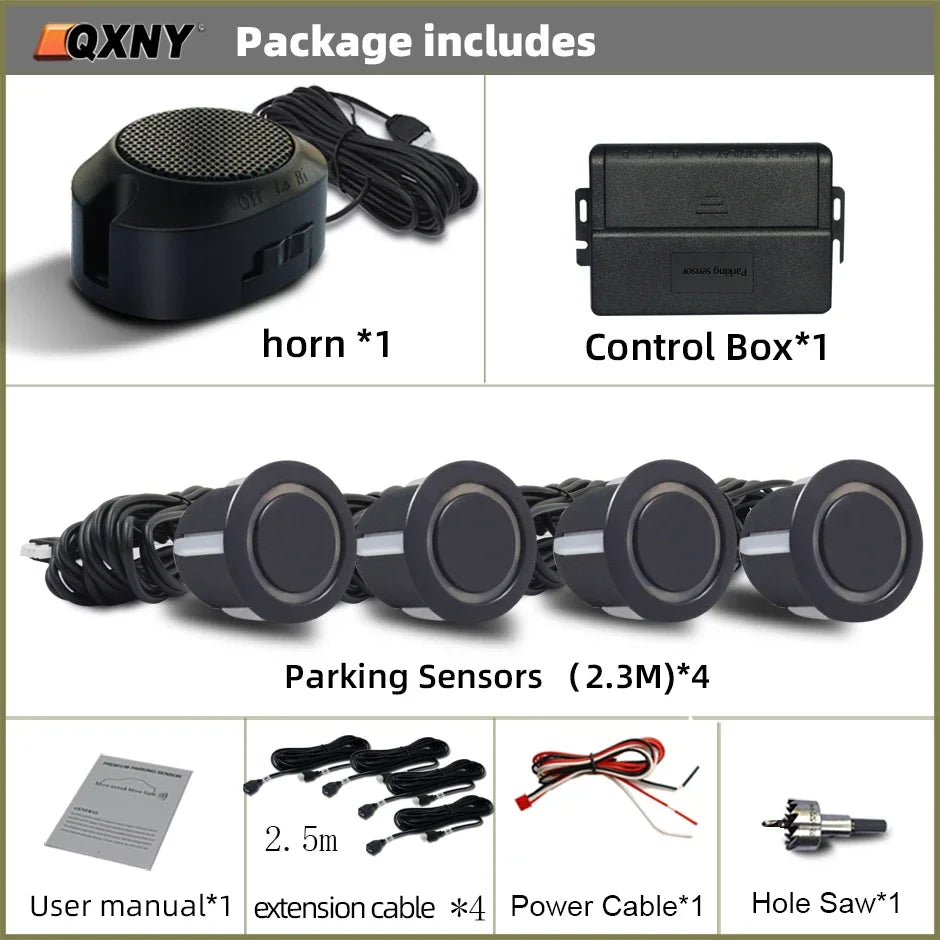 Sensor de Aparcamiento Delantero Invisible QXNY – Radar Ultrasónico con Alarma Sonora, Detección 0,3–1 m, 12V