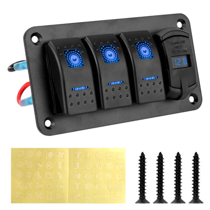 Panel de Interruptores LED 12V/24V – 3 Vías con Voltímetro y USB