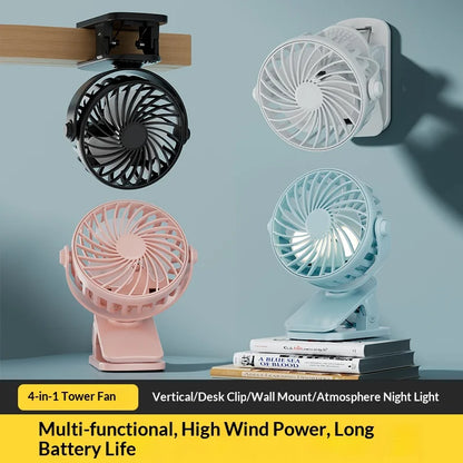 USB Clip Fan 360° - 3 Speeds + Night Light for Camper (Rechargeable)
