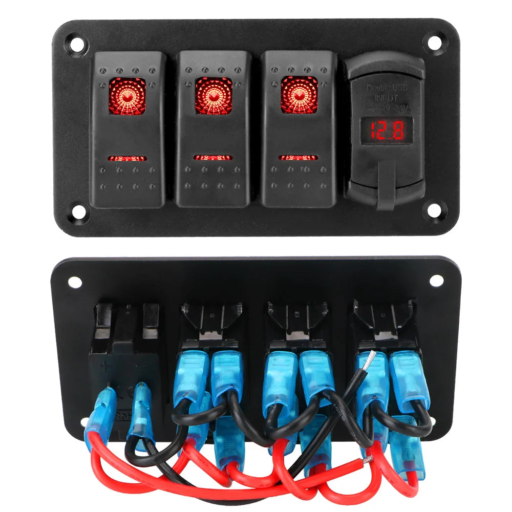 Panel de Interruptores LED 12V/24V – 3 Vías con Voltímetro y USB