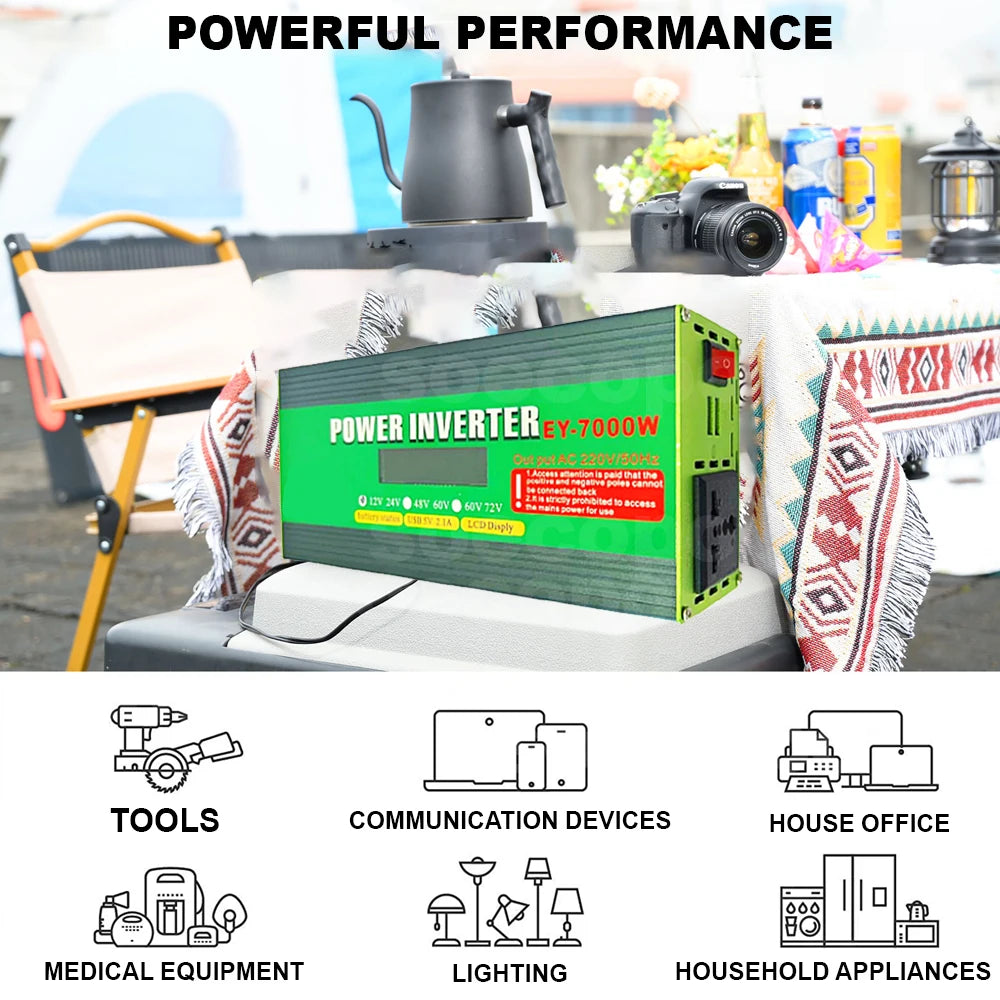 Inversor de Corriente 12V/24V/48V a 220V con Pantalla LCD | 1200W Continuos / 7000W Pico | Doble USB