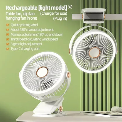 Ventilateur LED rechargeable avec pince | Conception 3-en-1 : table, plafond ou camping