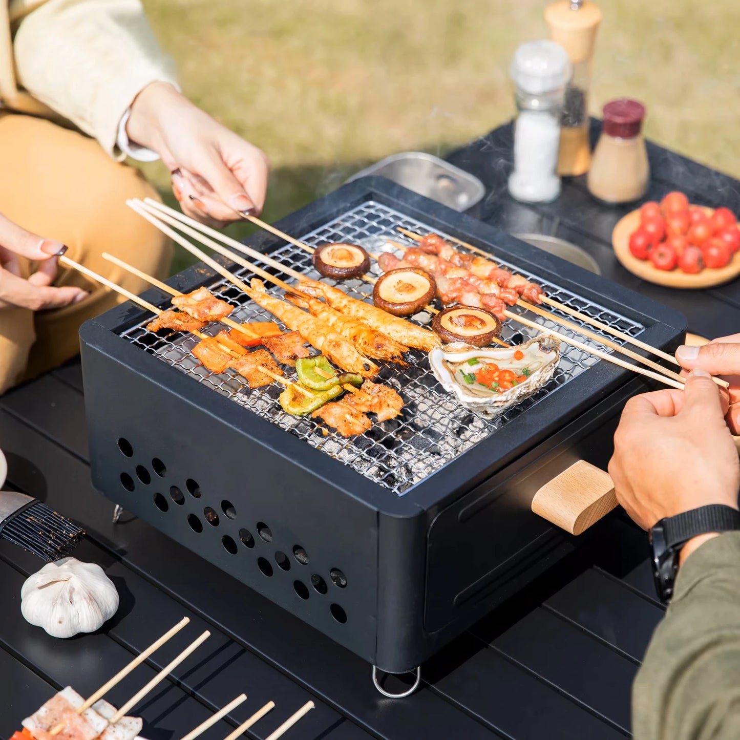 Parrilla Carbón Acero Inox Plegable - Portátil + Rejilla para Camping y Exterior