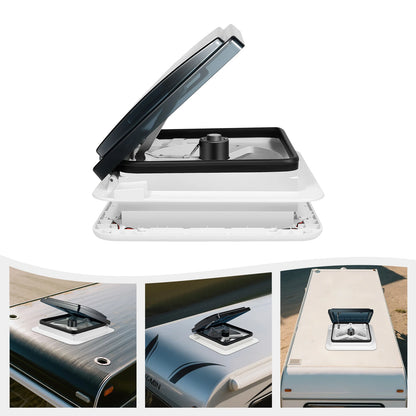 Claraboja con Ventilador 12V para RV y Camper | Extractor de Techo 28×28 cm con Luz LED y 6 Velocidades