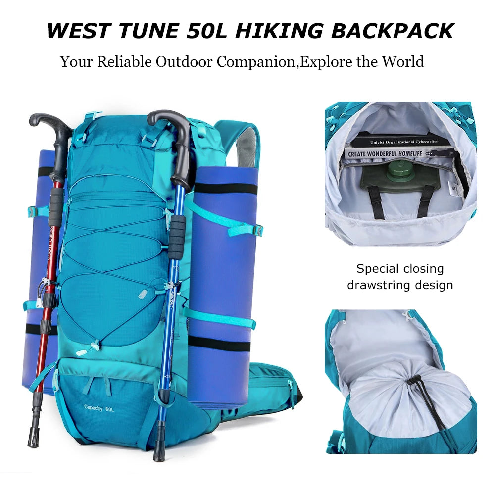 WEST TUNE External Frame Hiking Backpack - Durable Nylon · Rain Cover · Size L · Heavy Load