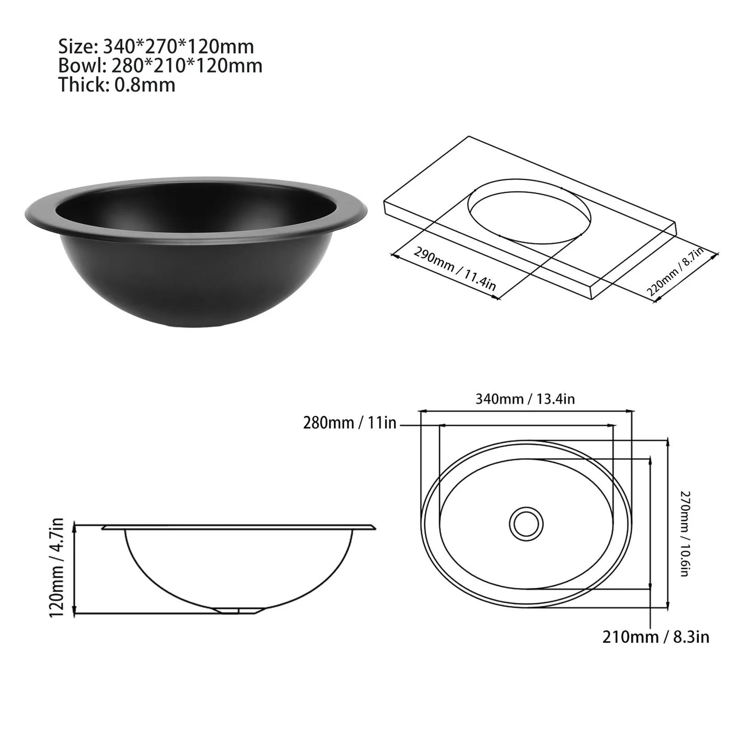 Évier rond en acier inoxydable avec bonde de 40 mm