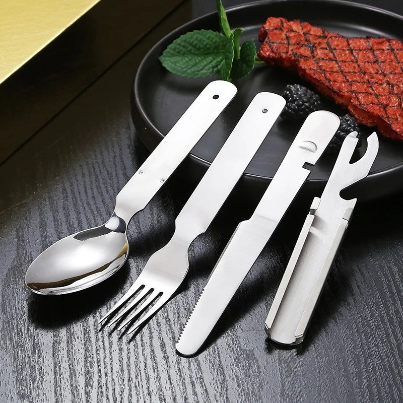 Cubiertos Acero Inox Plegables - Set 4-en-1 + Abrelatas (Camping/RV)