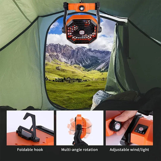 Ventilateur LED Rechargeable pour Camping | Batterie 7800mAh, 3 Vitesses, Crochet Intégré