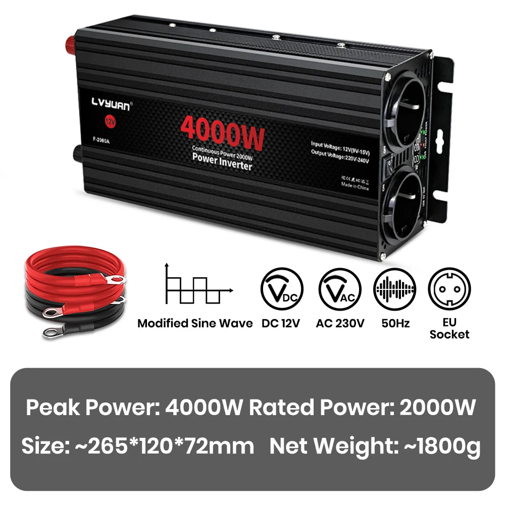 Inversor de Corriente 12V a 220V Onda Modificada | 1500W–4000W | Enchufe EU | Para RV y Camper
