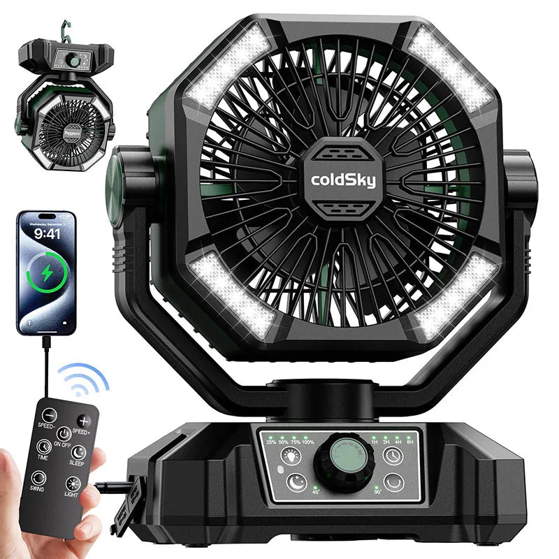 20000mAh Portable Desk Fan with Remote Control, 8 Speeds, and USB Charging