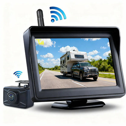Kit Cámara de Marcha Atrás Inalámbrica QXNY 4,3” con Visión Nocturna Starlight para Coche, Camper y RV