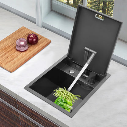 Concealed Dark Grey Stainless Steel Sink with Tap – Single Bowl with Soft-Close Lid (450×350×210 mm)