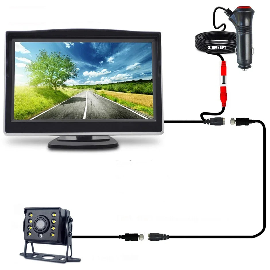 Cámara de Marcha Atrás QXNY con Cable 140° y Guías de Aparcamiento + Monitor 5” – Sistema de Visión Trasera para Coche, Furgoneta y RV (12V–24V)