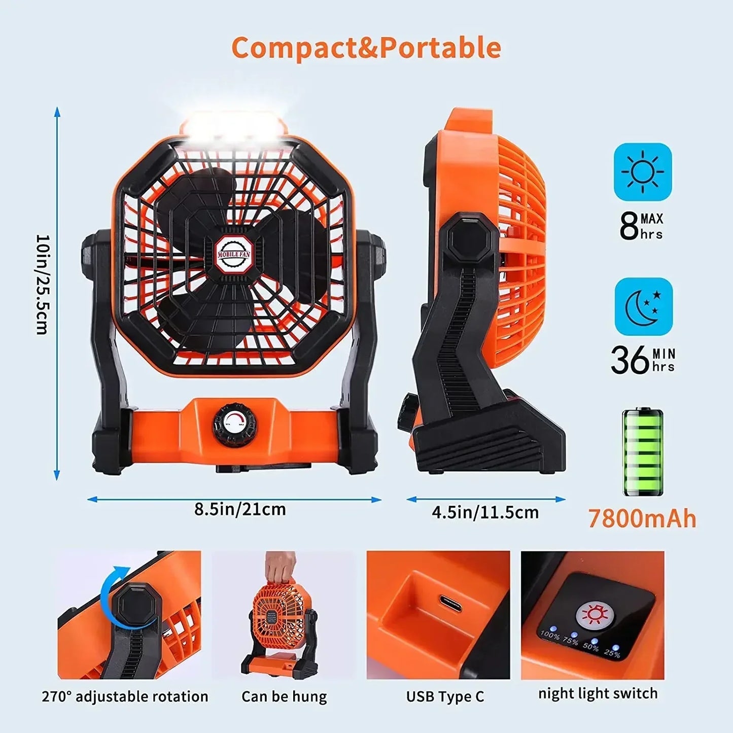 Ventilador LED Recargable para Camping | Batería 7800mAh, 3 Velocidades, Gancho Integrado