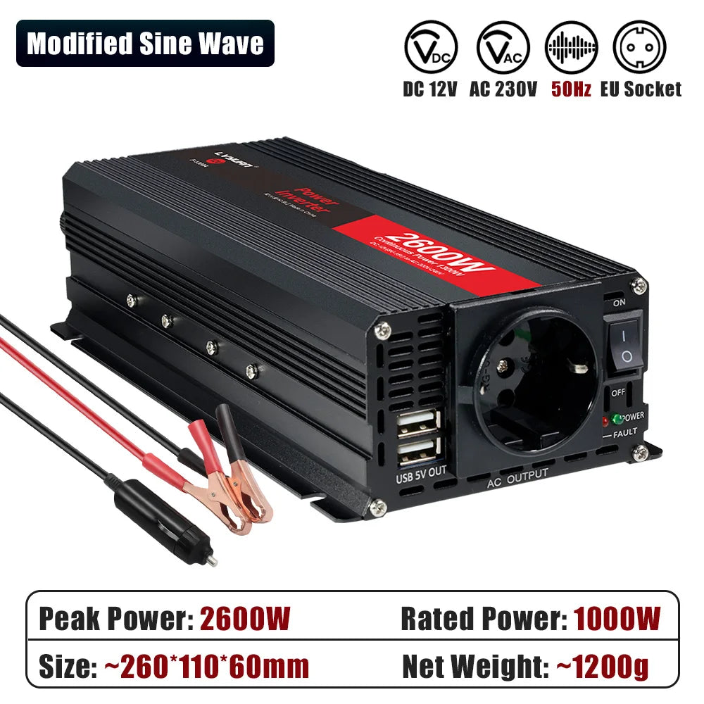 Inversor de Corriente 12V a 220V Onda Modificada con Pantalla LCD | 750W–1300W Continuos para RV, Camper y Vehículos