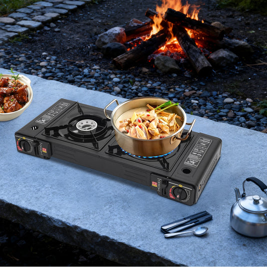 Réchaud de camping 2 feux 2500W - Allumage piézoélectrique + Gaz butane (3-5 personnes)