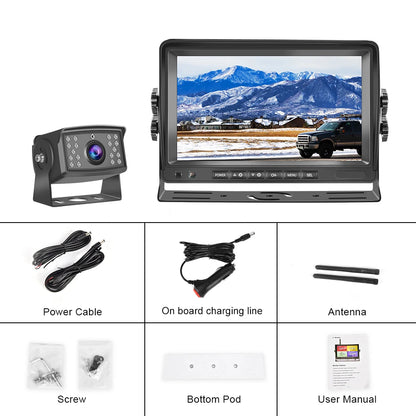 Cámara de Marcha Atrás PODOFO 720P con Monitor IPS HD – Visión Nocturna Starlight, AHD Digital, Guías de Aparcamiento (12V–36V)